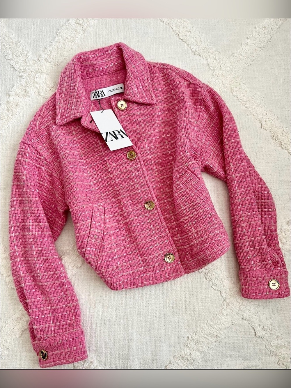 ZARA Bubblegum Pink Tweed Cropped Jacket - Picture 1 of 10